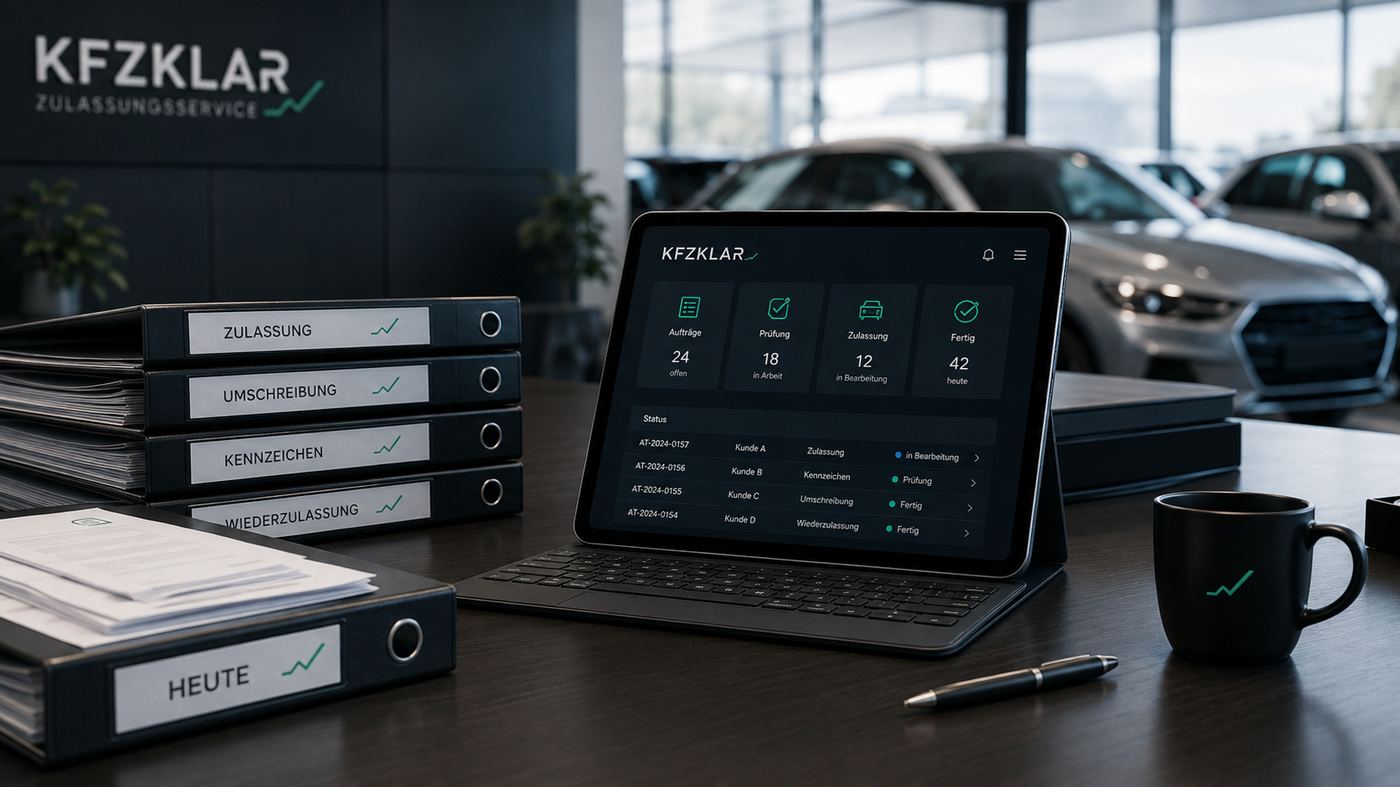 Tablet mit KfzKlar-Dashboard auf einem Schreibtisch im Autohaus