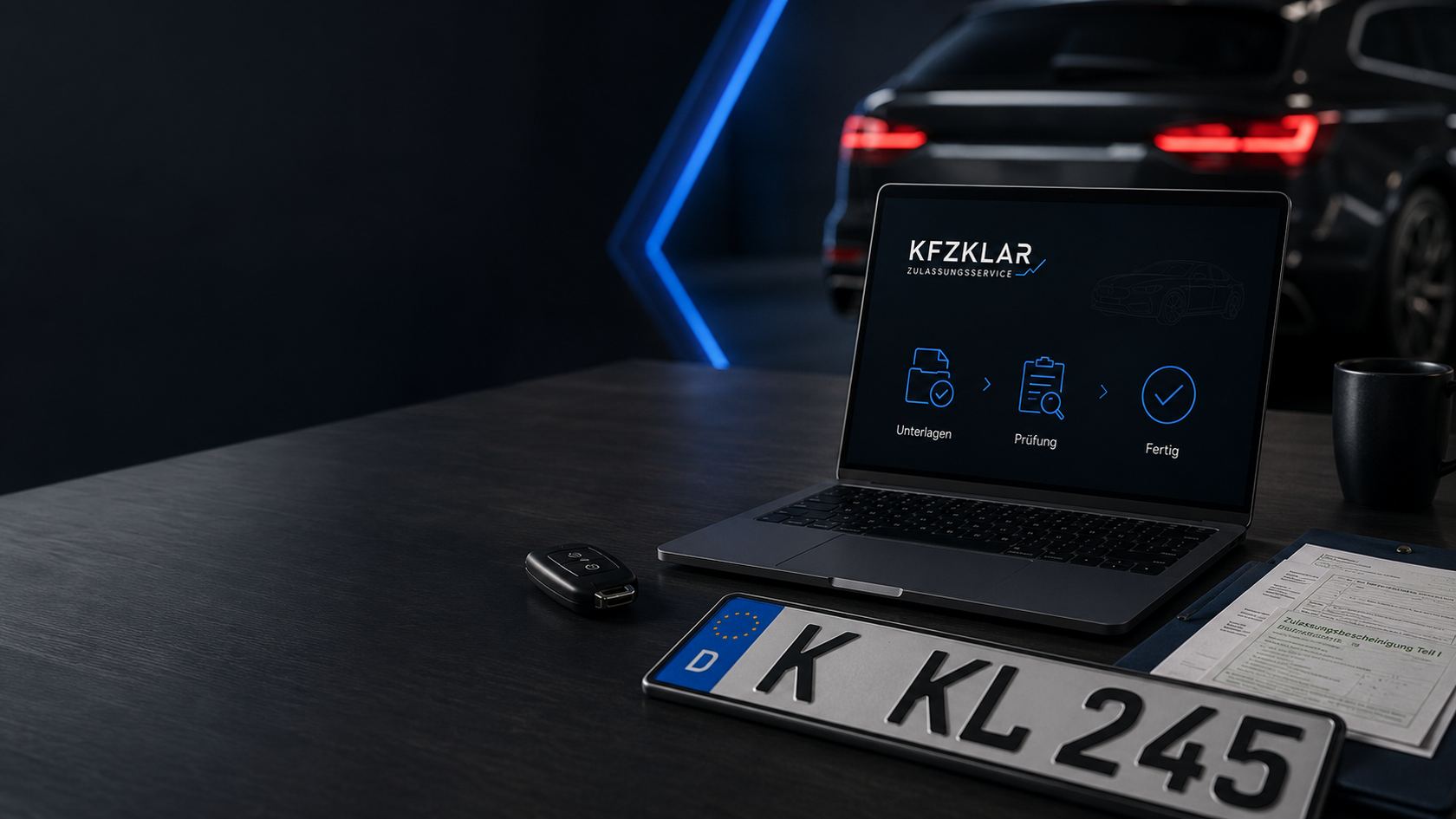 Laptop mit KfzKlar-Oberfläche neben einem Kfz-Kennzeichen auf dunklem Schreibtisch